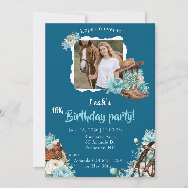 Western Horse Floral Birthday Invitation – Navy Inbjudningar (Framsida)