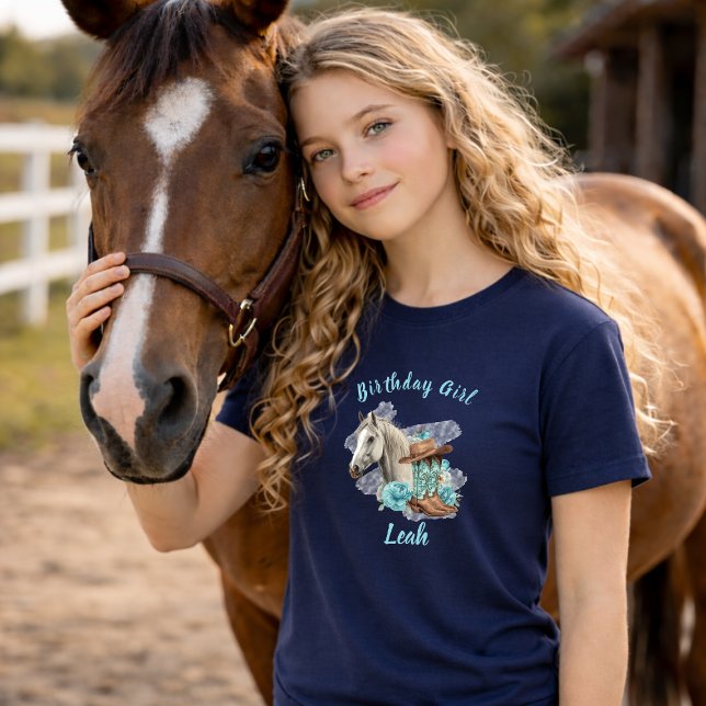Western Horse Floral Birthday- Navy T Shirt (Skapare uppladdad)