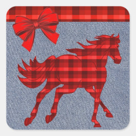 Western Horse Red Play Faux Denim Fyrkantigt Klistermärke