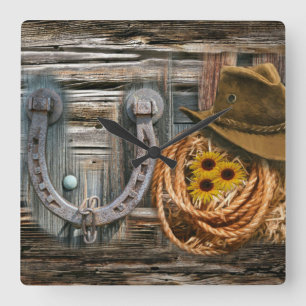 Western Horseshoe Cowboy Hat Lasso Fyrkantig Klocka