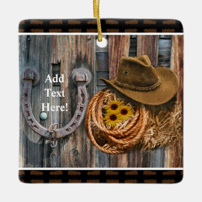 Western Horseshoe Cowboy Hat Lasso Julgransprydnad Keramik (Framsida)