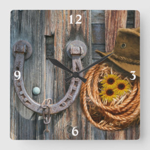 Western Horseshoe Cowboy Hat Lasso Square Wall Clo Fyrkantig Klocka