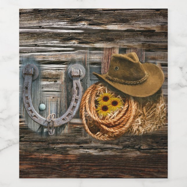Western Horseshoe Cowboy Hat Lasso Vinflaska Etikett (Singel etikett)