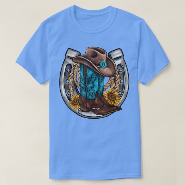 Western Horseshoe CowboyBoots Hat Rope Solros T Shirt (Design framsida)