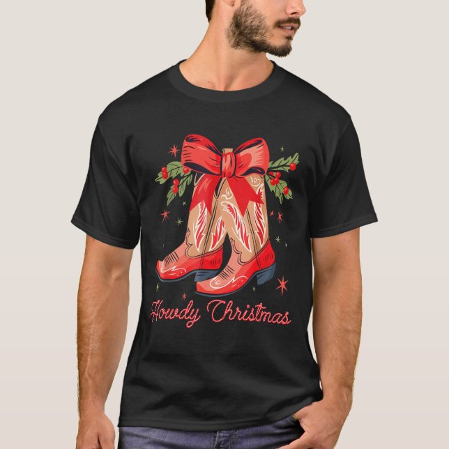 Western Howdy Christmas Cowgirl Boot Coquette Bow  T Shirt (Framsida)