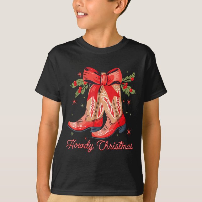Western Howdy Christmas Cowgirl Boot Coquette Bow  T Shirt (Framsida)