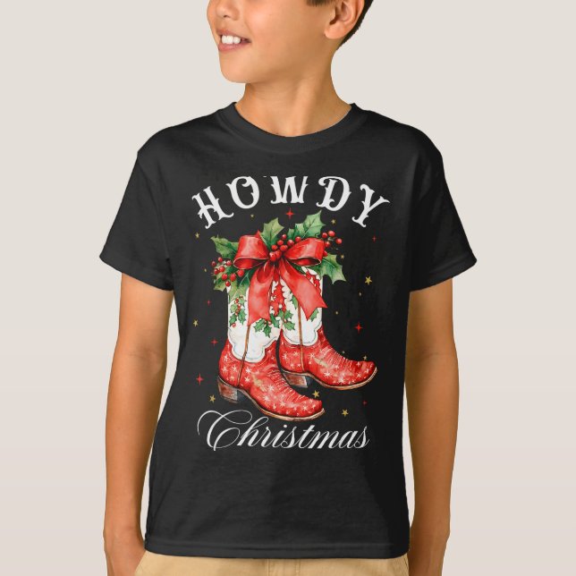 Western Howdy Christmas Cowgirl Boot Coquette Bow  T Shirt (Framsida)