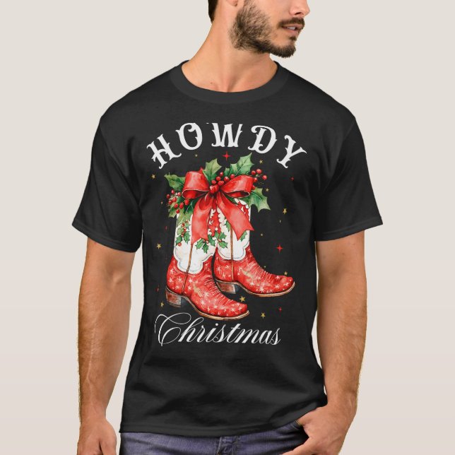 Western Howdy Christmas Cowgirl Boot Coquette Bow  T Shirt (Framsida)