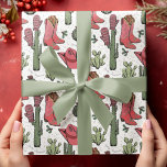 Western Howdy-julafton Presentpapper<br><div class="desc">Den här roligten och den festliga Westerna Howdy-julafton Cowgirl-flickan som omsluter pappra illustrationer av Julafton cowgirl-skor,  hattar,  halvor,  cacti,  hollybär och stjärnor. Allt mot en elegant vit bakgrund.</div>