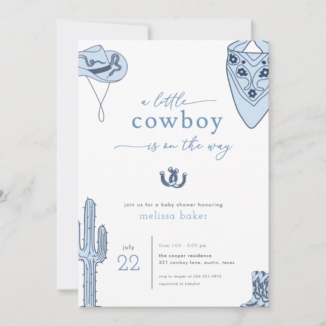 Western inbjudan till Blue Little Cowboy Baby Show (Framsida)
