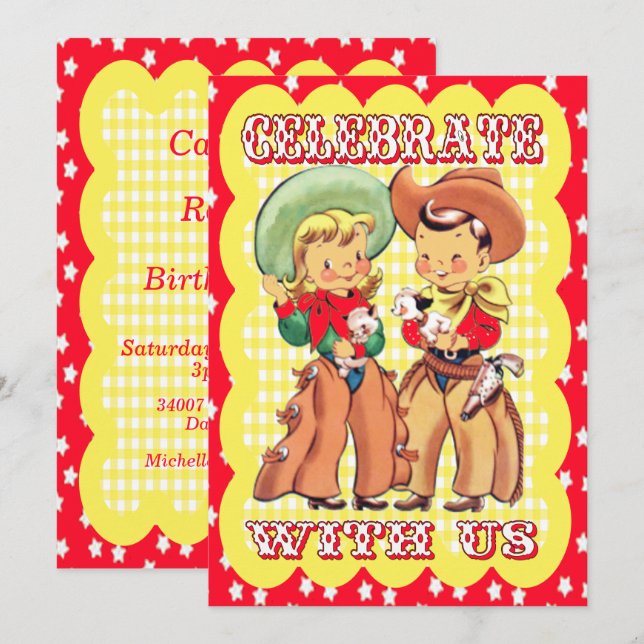 Western inbjudan till Cowboy- och Cowgirl Party-pa (Fram/baksida)