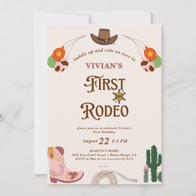 Western inbjudan till Cowgirl First Rodeo Birthday (Framsida)