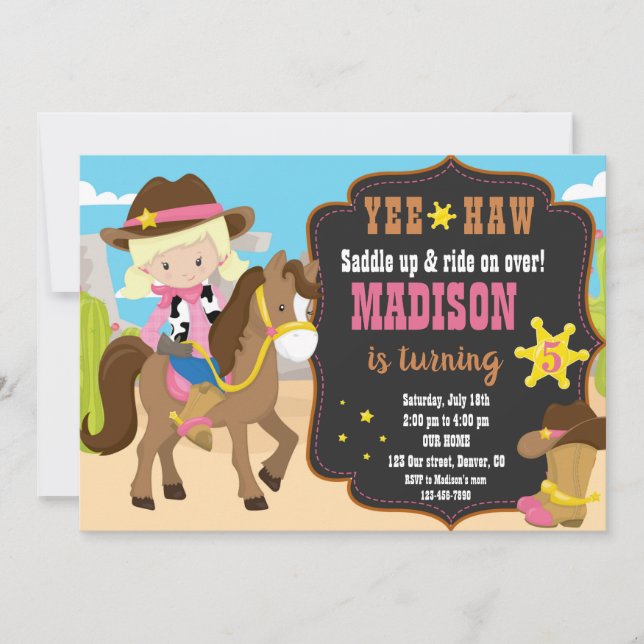 Western inbjudan till Cowgirl-födelsedag (Framsida)