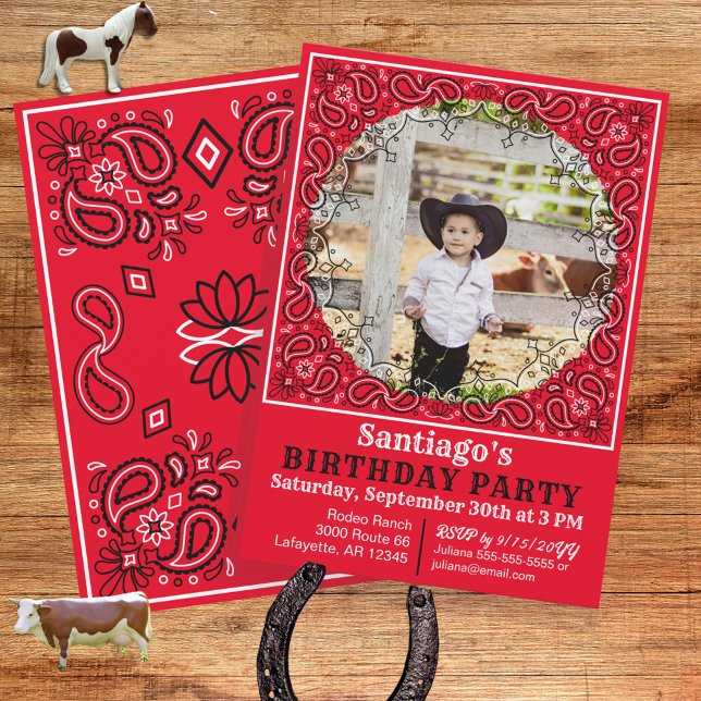 Western inbjudan till Red Bandana Photo Birthday (A red bandana birthday invitation personalized with your cowboy or cowgirls photo.)