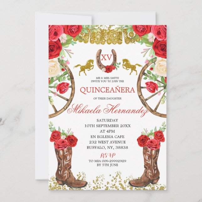 Western inbjudan till Röd ros Charra Quinceanera (Framsida)
