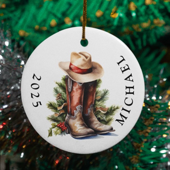 Western jul Cowboy Boots Hat Namn Julgransprydnad Keramik (Skapare uppladdad)