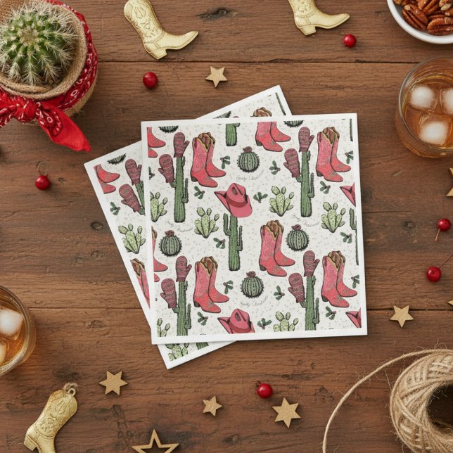 Western jul Cowgirl Boots Howdy jul Pappersservett (Western Howdy Christmas Ivory Paper Napkins. Pink & Red Xmas Cowgirl Boots, Succulents, Cacti)