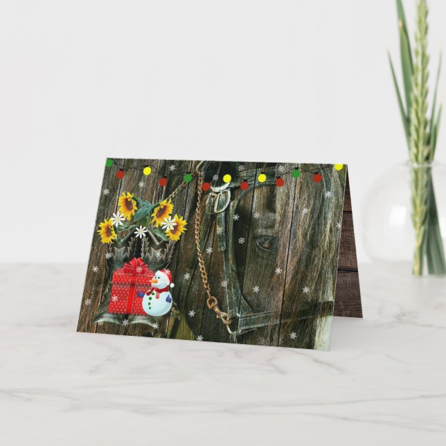 Western jul Frostift Snögubbe och häst Helgkort (Framsida)