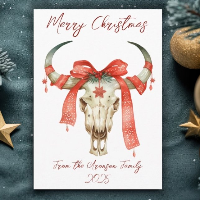 Western Jul Red Ribbon Cattle Skull Helgdag Vykort (Skapare uppladdad)