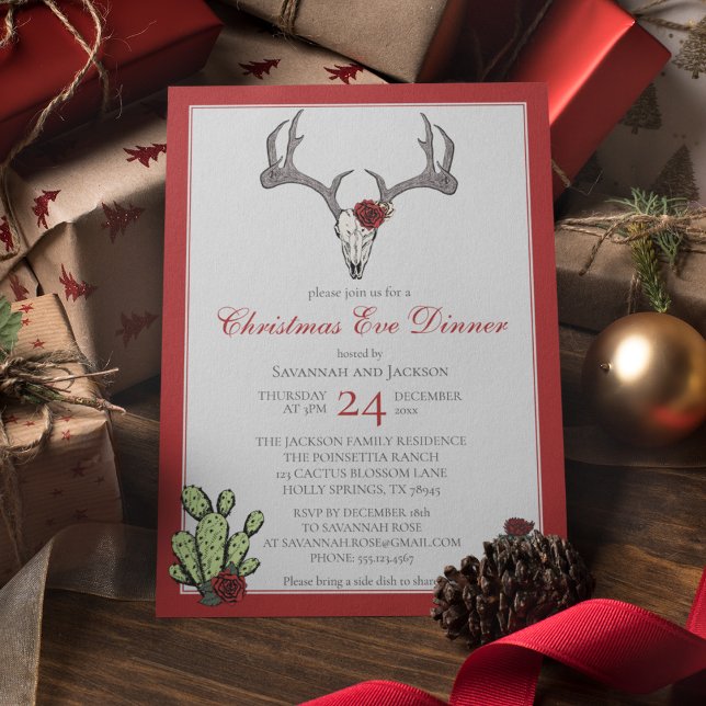 Western julmiddag Reindeer Antlers & Cactus Inbjudningar (Western Christmas Eve Dinner Party Invites. Hand-Drawn Reindeer Skull, Antlers, RedRoses & Cacti.)