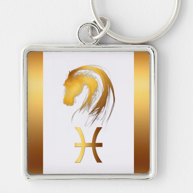 Western kinesisk astrologi Keychain för Pisces Fyrkantig Silverfärgad Nyckelring (Framsidan)