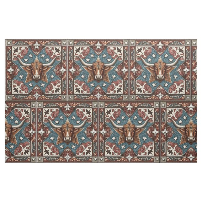 Western läder Skriv ut bruna turkos med Steer Tyg (Fat Quarter)