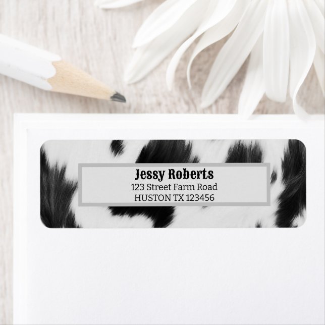 Western Land Cowboy Black White Cow-utskrift Returadress Etikett (Insitu)