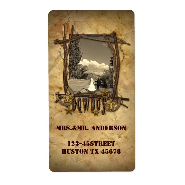 western land cowboyfotot bröllop-adressetikett fraktsedel (Framsidan)