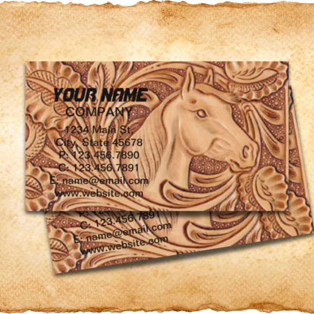 western land läderhäst av rostfritt skinn visitkort (rustic western country leather equestrian horse business card)