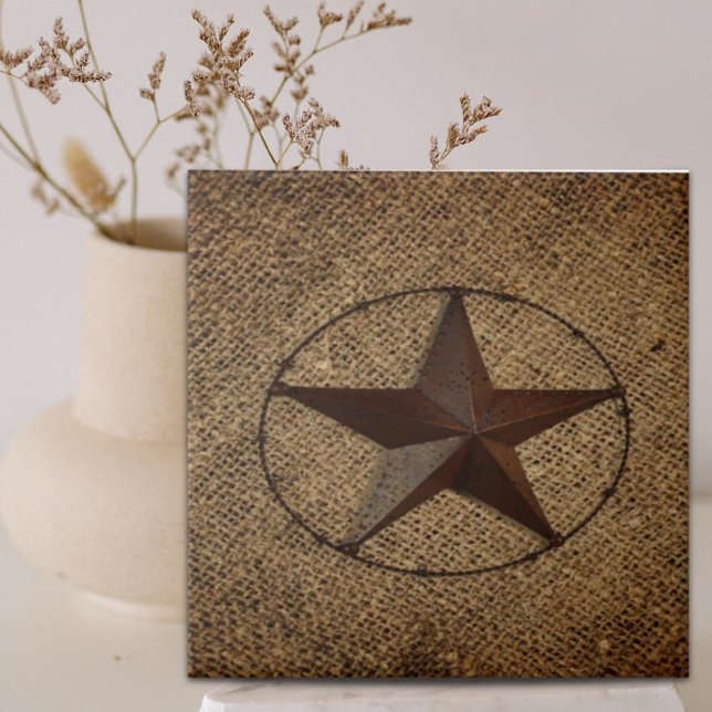 Western Land Rustic Burlap Primitive Texas Star Kakelplatta (Western Country Rustic Burlap Primitive Texas Star Ceramic Tile)