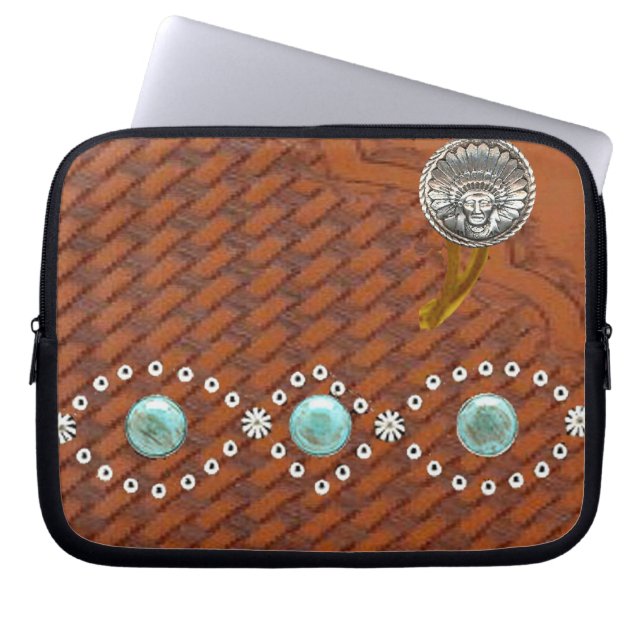 Western laptop sleeve för läder"Apache" turkos (Framsidan)