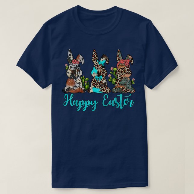 Western Leopard Cowhide Turquoise Bunnies Happy Ea T Shirt (Design framsida)