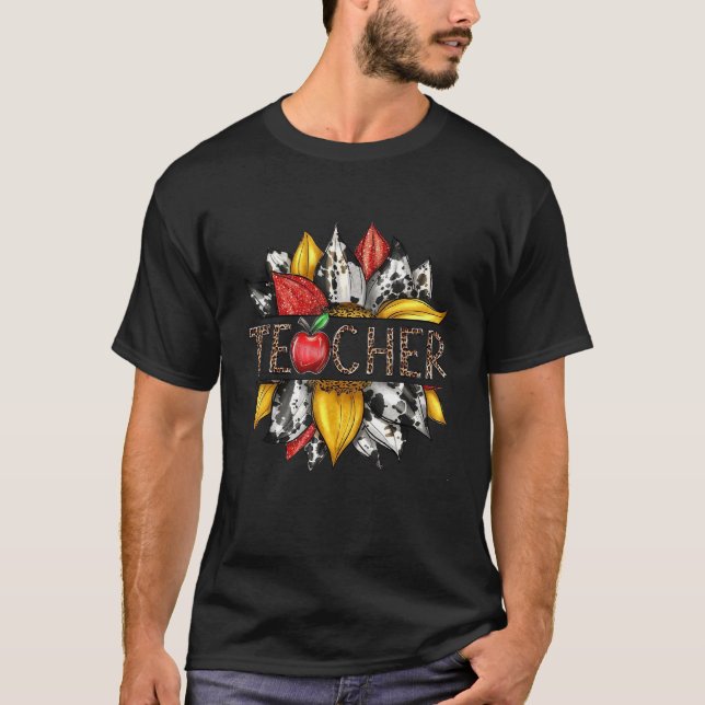Western Leopard Sunflower Teacher Back To School T Shirt (Framsida)
