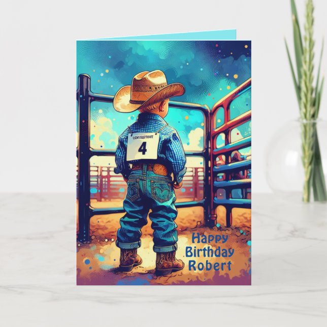 Western Little Cowboy 4e födelsedagen Rodeo Anpass Kort (Framsida)