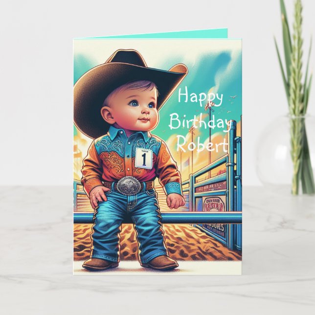 Western Little Cowboy First Birthday Rodeo Anpassn Kort (Framsida)