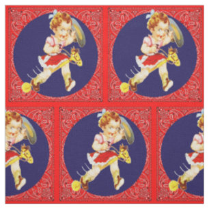 Western Little Cowgirl On Stick Horse Fabric Tyg