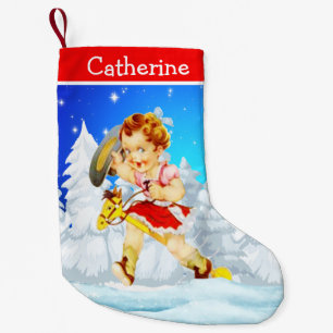 Western Little Cowgirl On Stick Horse Winter Scene Liten Julstrumpa