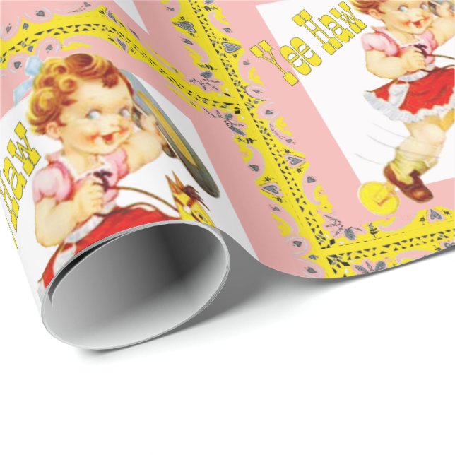 Western Little Cowgirl On Stick Horse Yee Haw Presentpapper (Rullad Hörn)