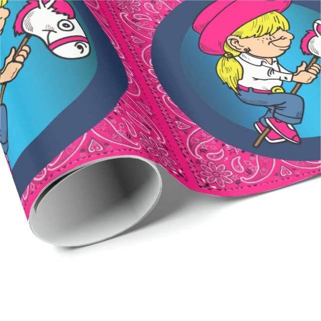 Western Little Tecknad Cowgirl On Stick Horse Presentpapper (Rullad Hörn)