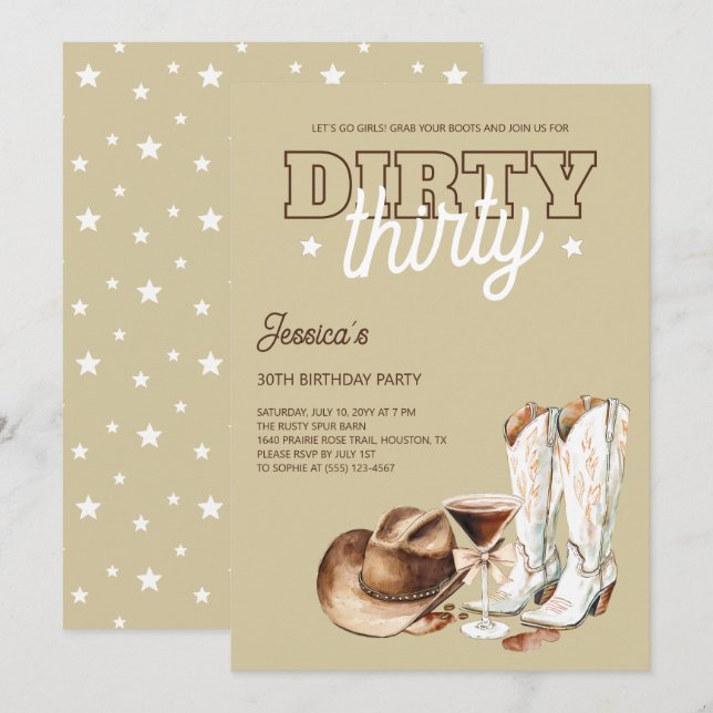 Western Martini Dirty Thirty 30-årsfest Inbjudningar (Fram/baksida)