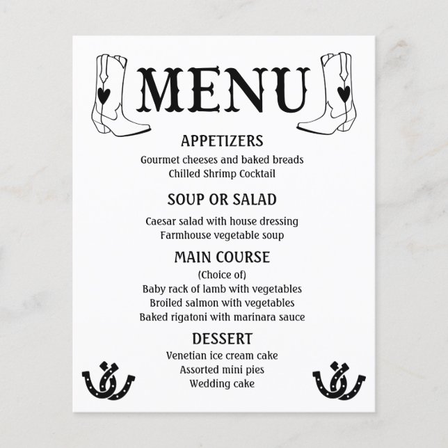Western Menu Landsbyggsbröllop CowboyBoots Black (Framsida)