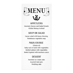 Western Menu Landsbyggsbröllop CowboyBoots Black Reklamkort