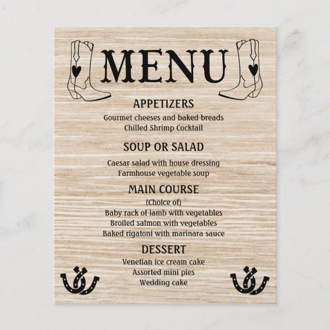Western Menu Landsbyggsbröllop CowboyBoots Wood (Framsida)