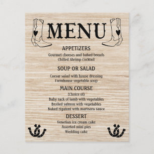 Western Menu Landsbyggsbröllop CowboyBoots Wood