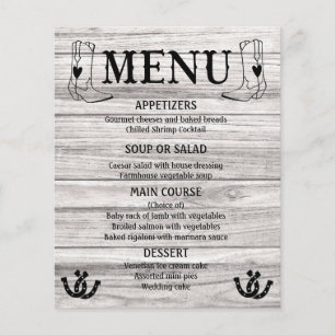 Western Menu Landsbyggsbröllop CowboyBoots Wood