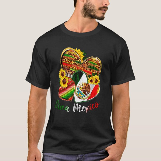 Western Mexico Heart Sunflowers Viva Mexico Flag L T Shirt (Framsida)