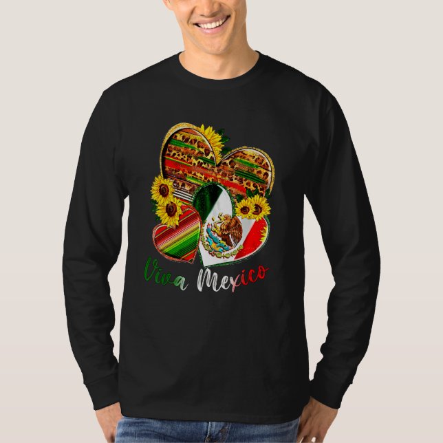 Western Mexico Heart Sunflowers Viva Mexico Flag L T Shirt (Framsida)