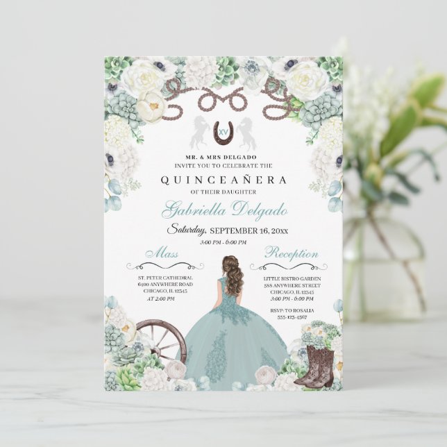 Western Mint Grönt Horse Charra Quinceañera Inbjudningar (Stående Fram)