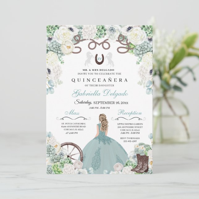 Western Mint Grönt Horse Charra Quinceañera Inbjudningar (Stående Fram)