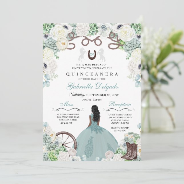 Western Mint Grönt Horse Charra Quinceañera Inbjudningar (Stående Fram)